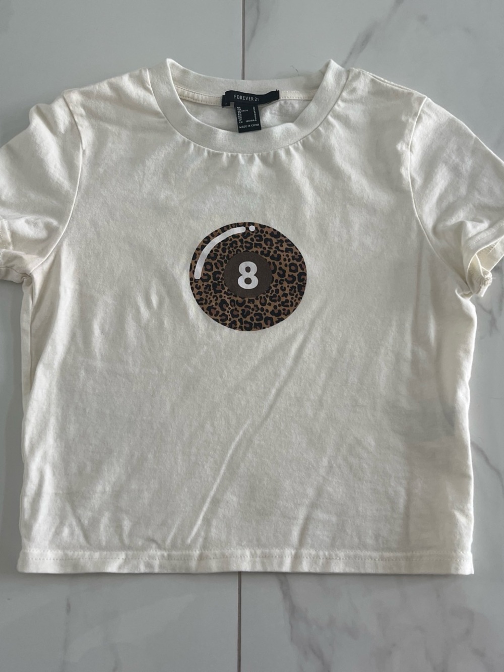 Forever 21 White Tee with Leopard 8 ball Graphic Patch